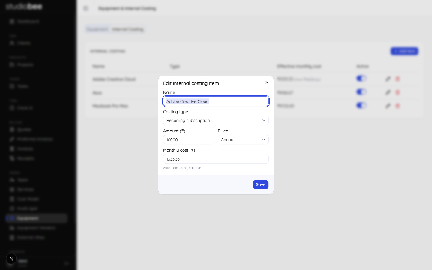 Internal Costing - billing period detail