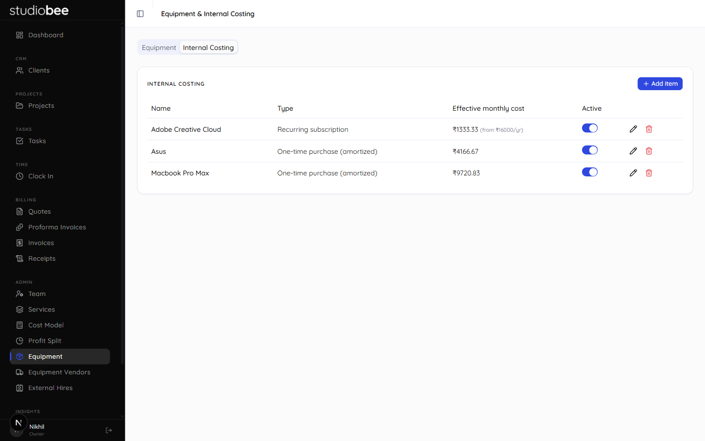 Internal Costing tab - effective monthly cost