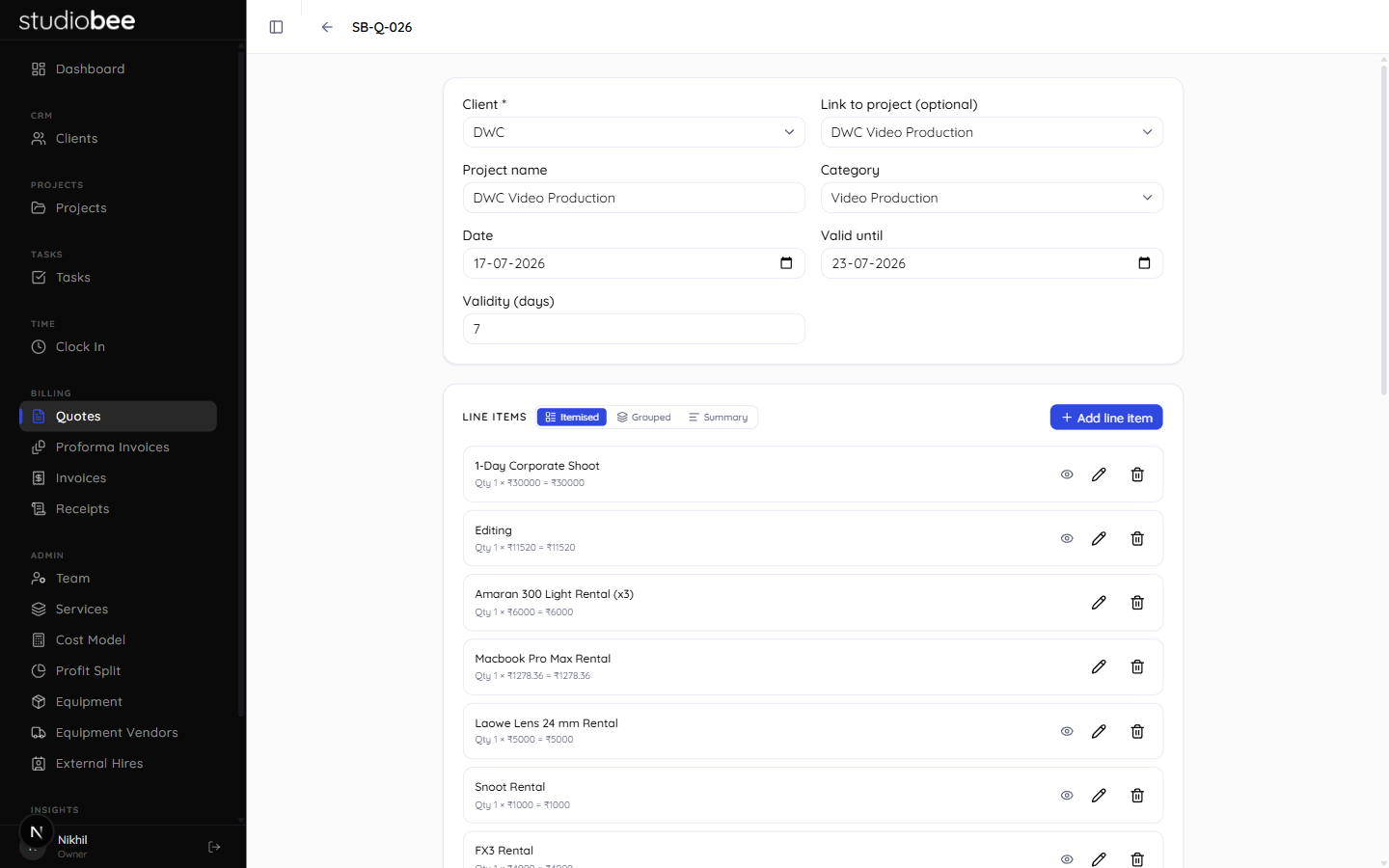 Quote editor - itemised view