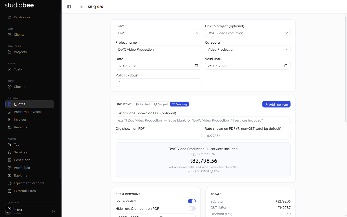 Quote editor - summary view