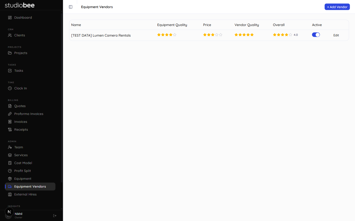 Equipment vendor ratings